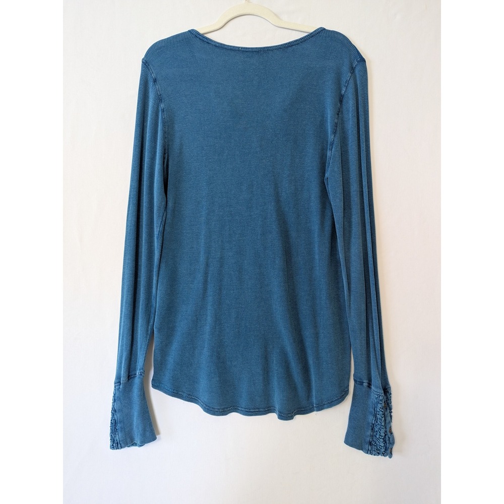 Lucky Brand Womens XL Blue Waffle Knit Thermal Henley Top Crochet Lace Detail - Picture 3 of 9